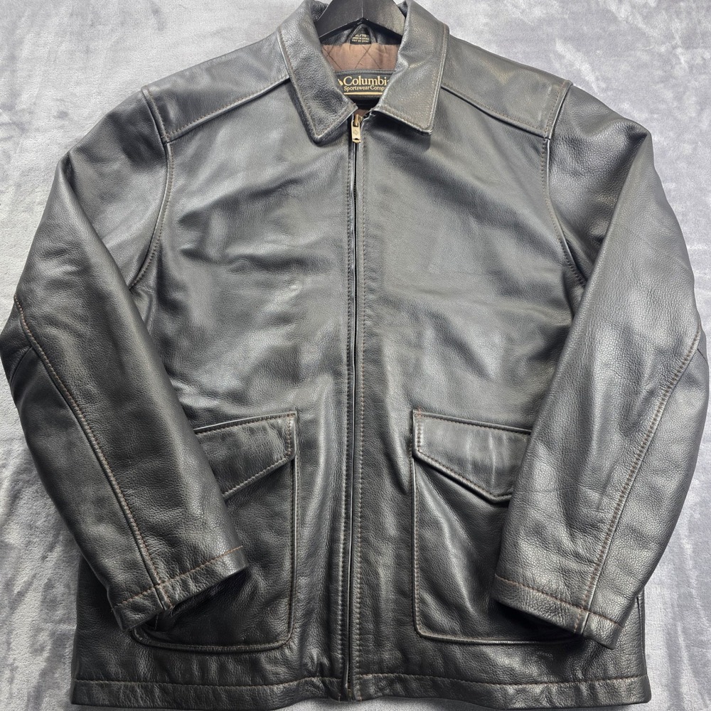 Vintage Y2k Columbia Black Heavy‎ Leather Moto Jacket Mens XL/LT Quilted Lined